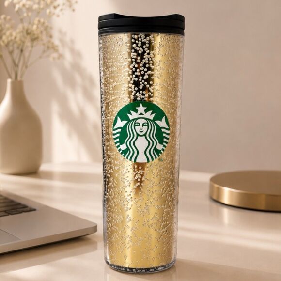 Starbucks Other - Starbucks Tumbler Gold Black 16oz Bubble Travel Mug Coffee Cup Gifts Reusable‎